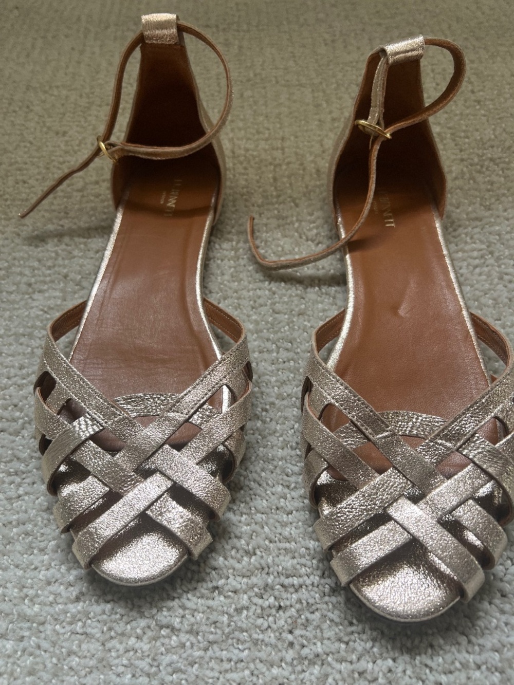 LK Bennett Metallic Champagne Gold Woven Ankle Strap Flat Sandals